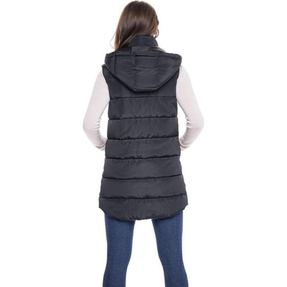 Women's Winter Long Puffer Vest, Quilted Faux Down Filled Hooded Vest - Picture 7 of 7